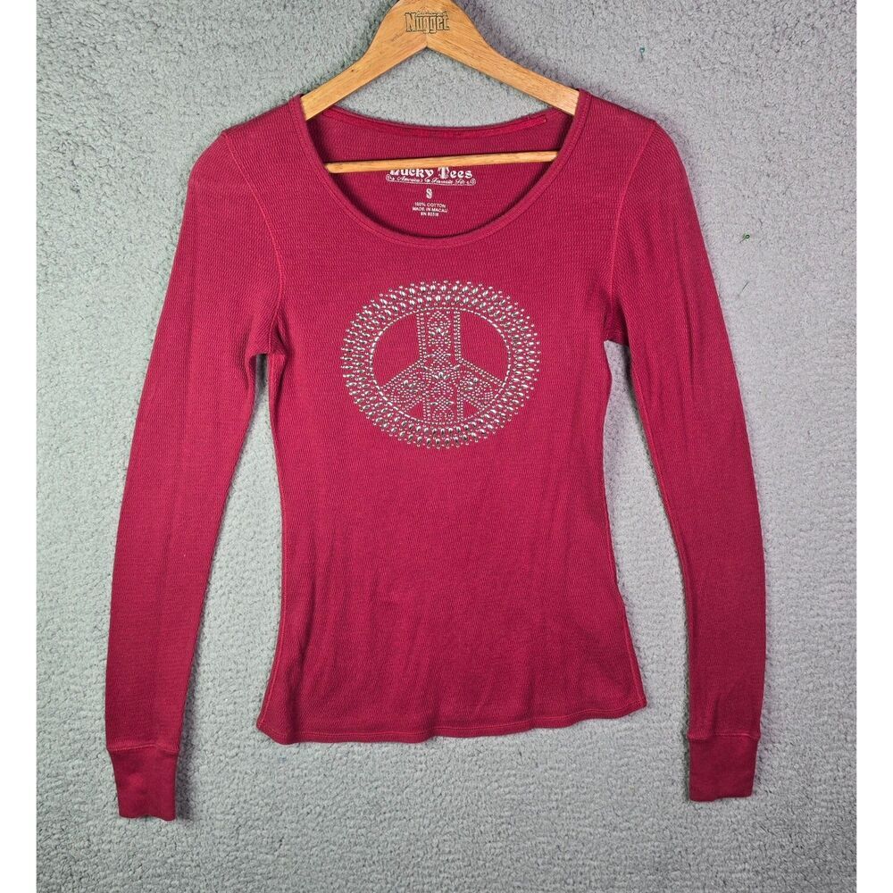 Lucky Brand Thermal Top Burgundy S Peace Sign Studded Waffle Knit Cotton Boho